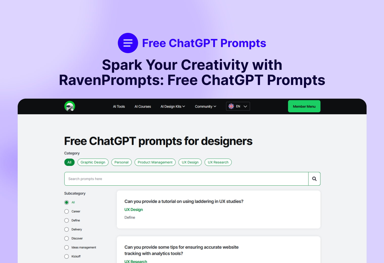 RavenPrompts: Free ChatGPT Prompts - Generate AI-Powered Design Ideas - AI Design Resource